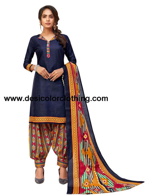Vintage Navy Blue Cotton Printed Unstitched Salwar Suit