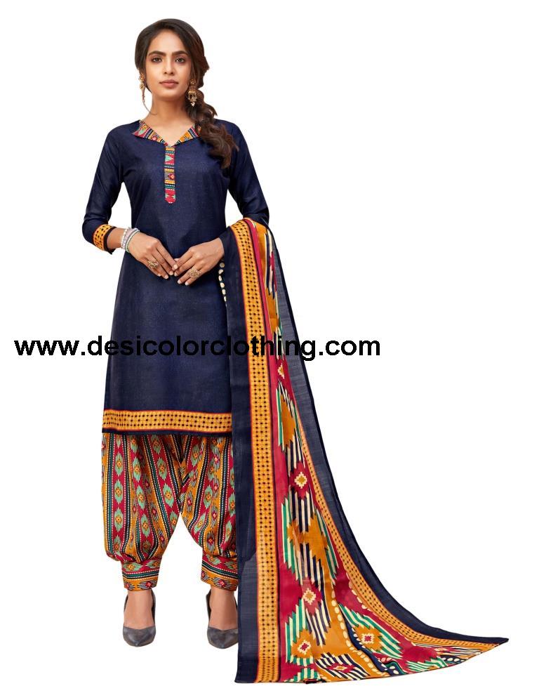 Vintage Navy Blue Cotton Printed Unstitched Salwar Suit