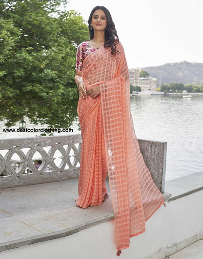 Peach Checkered Chiffon Woven Saree