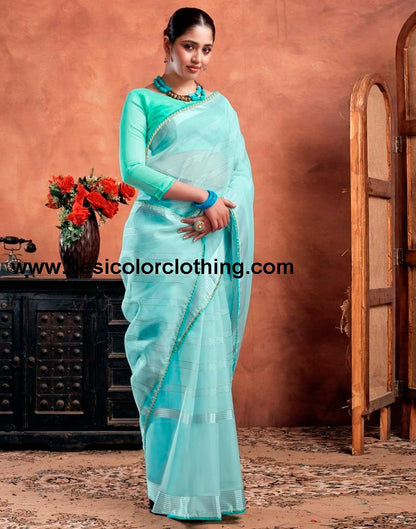 Sky Blue Orgenza Plain Saree