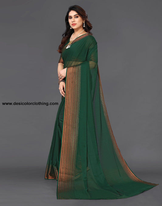 Dark Green Chiffon Plain Saree