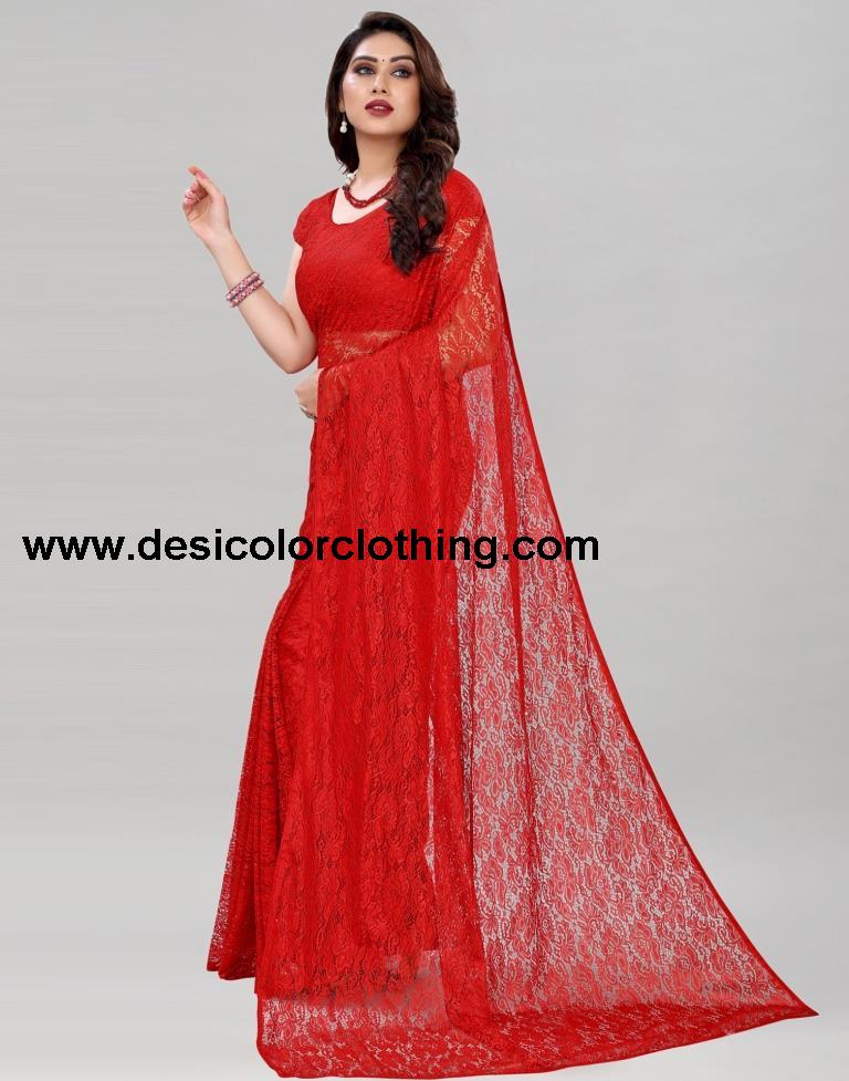 Red Coloured Russel Net Partywear saree