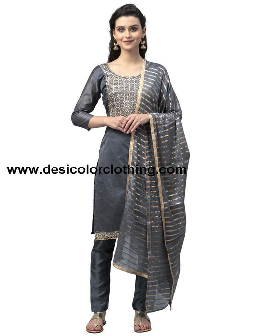 Ravishing Grey Cotton Thread Work Unstitched Salwar Suit