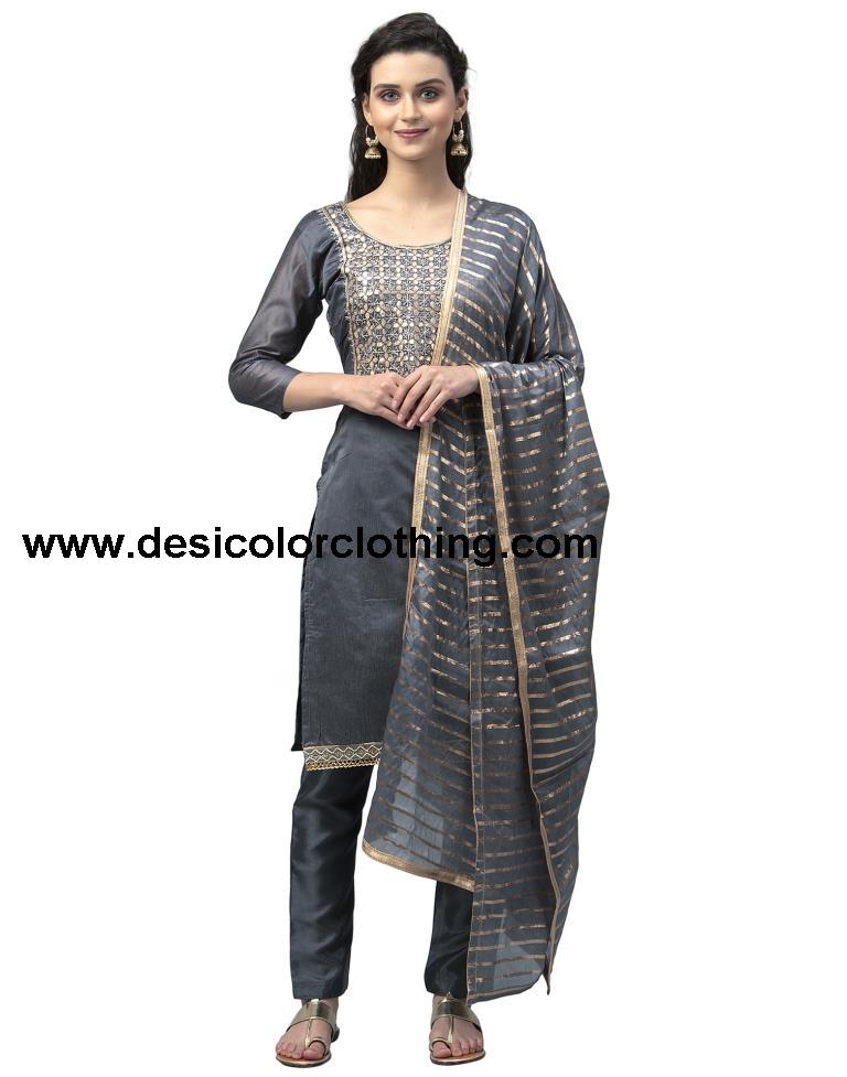 Ravishing Grey Cotton Thread Work Unstitched Salwar Suit