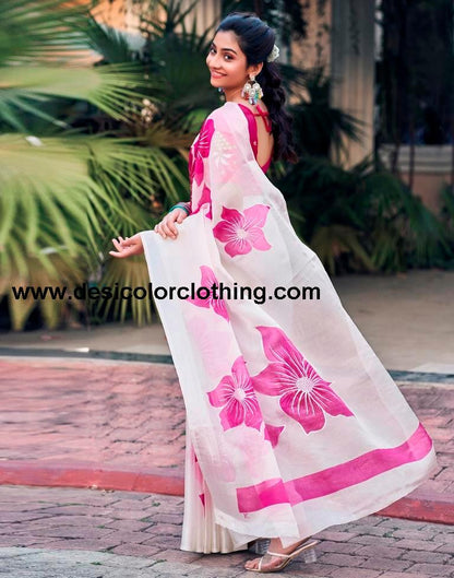 White Silk Printed Saree