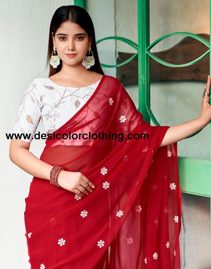 Red Georgette Embroidery Saree