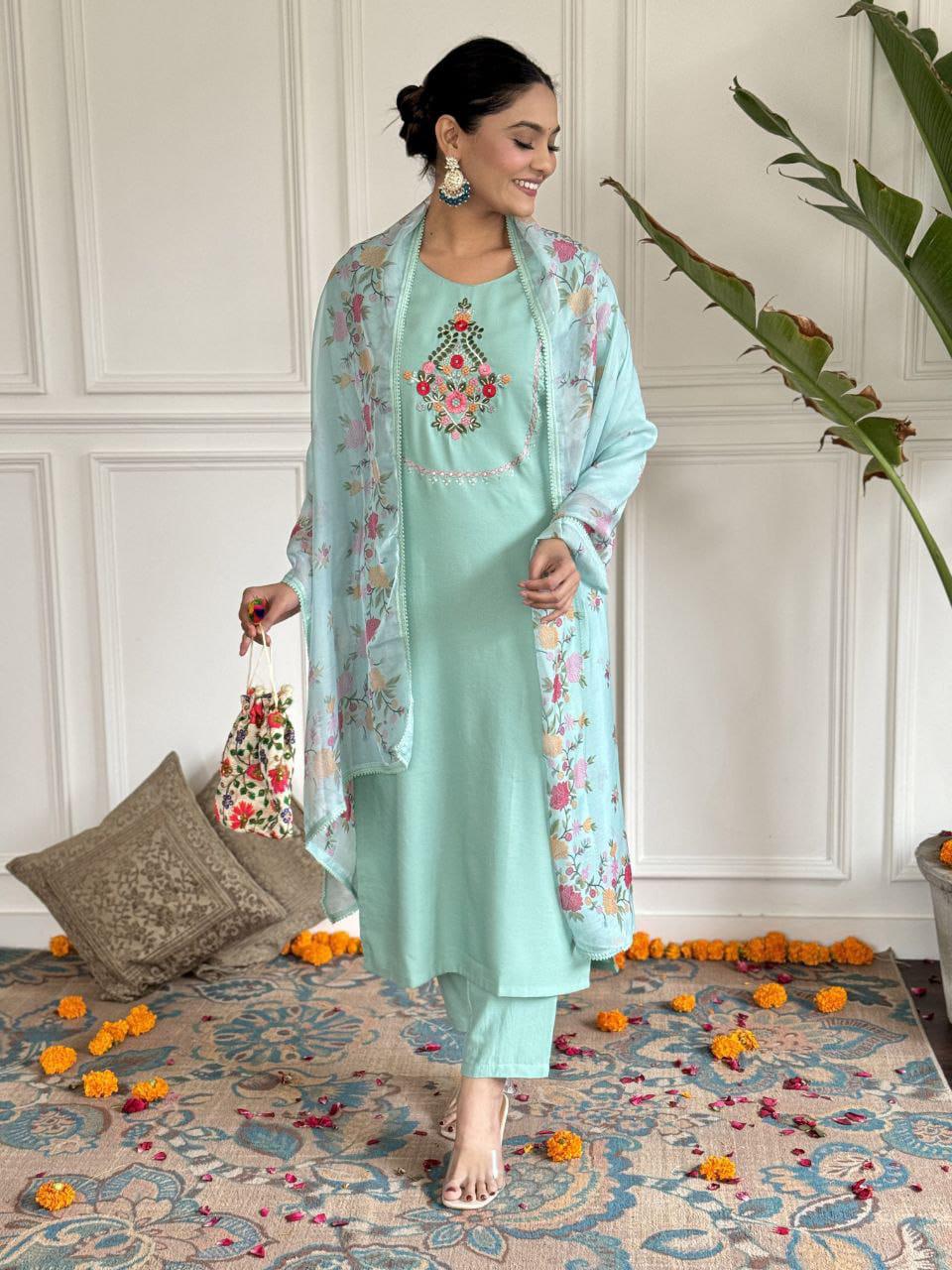 Product Image - Elegant Embroidered Kurti Set with Silk Dupatta