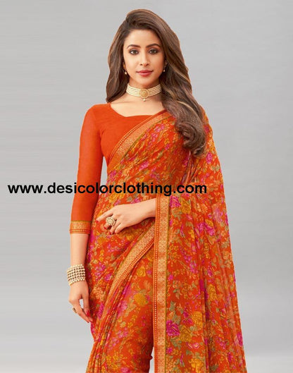 Orange Printed Chiffon Saree | 1976S512