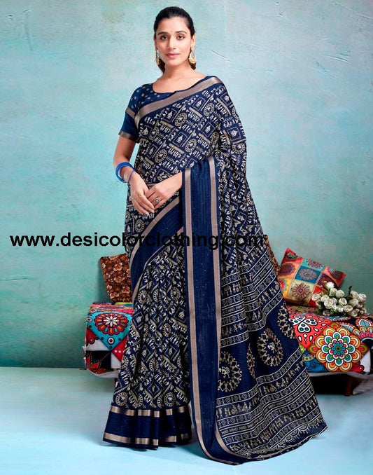 Dark Blue Silk Printed  Saree