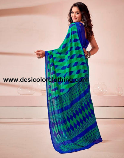 Dark Blue Georgette Printed Saree