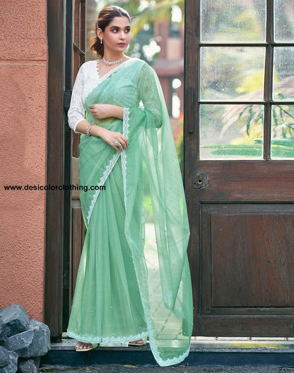 Pista Green Net Plain Saree