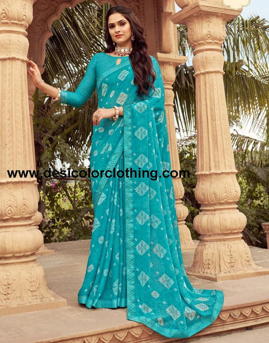 Blue Chiffon Printed Saree