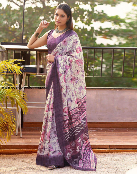 Cream Printed Silk Saree
