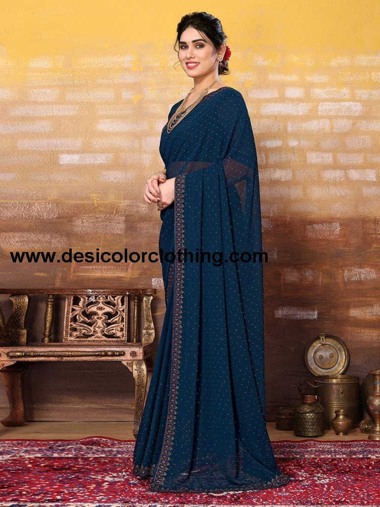 Teal Blue Plain Georgette Saree
