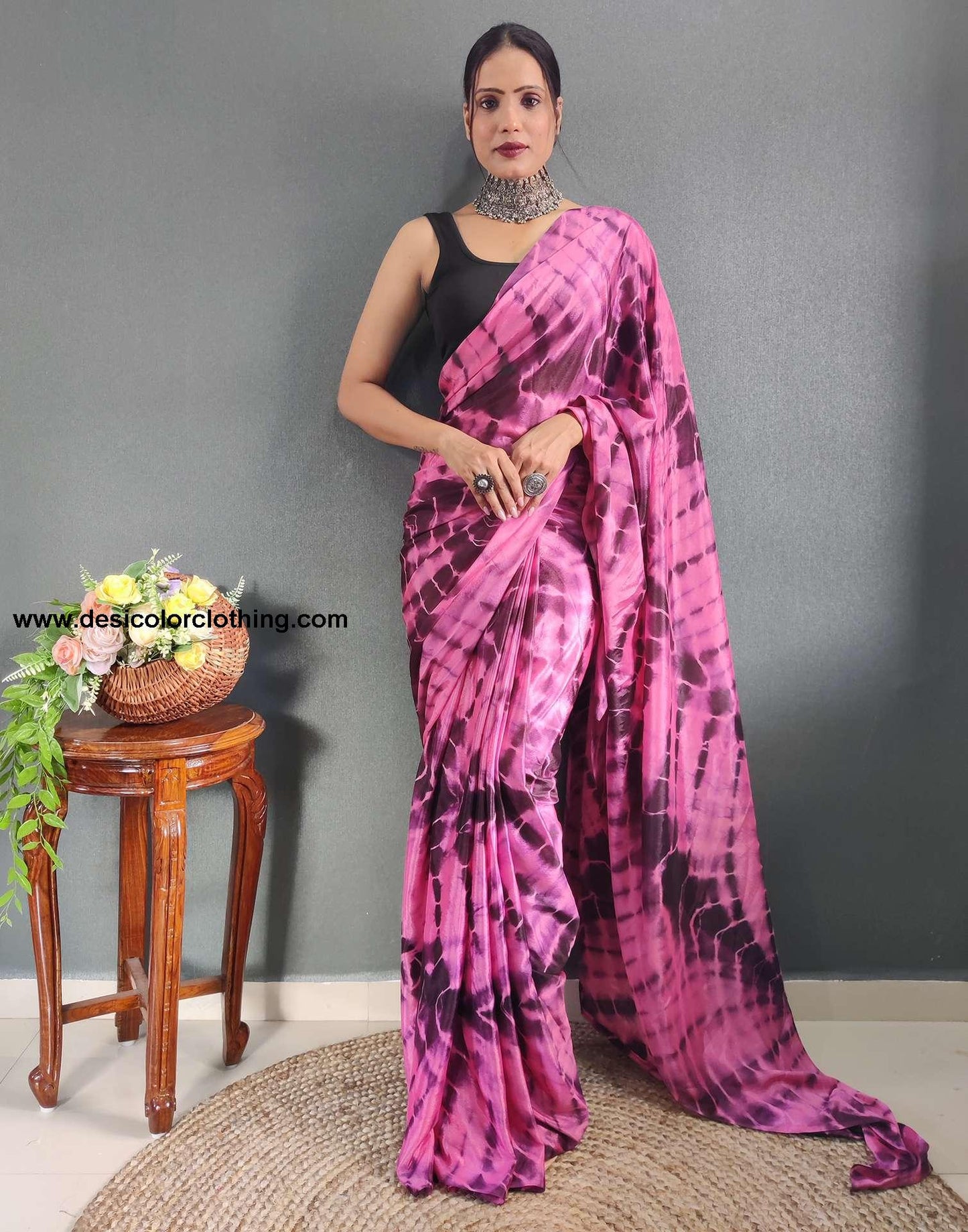 Pink Printed Silk Pre-draped Saree