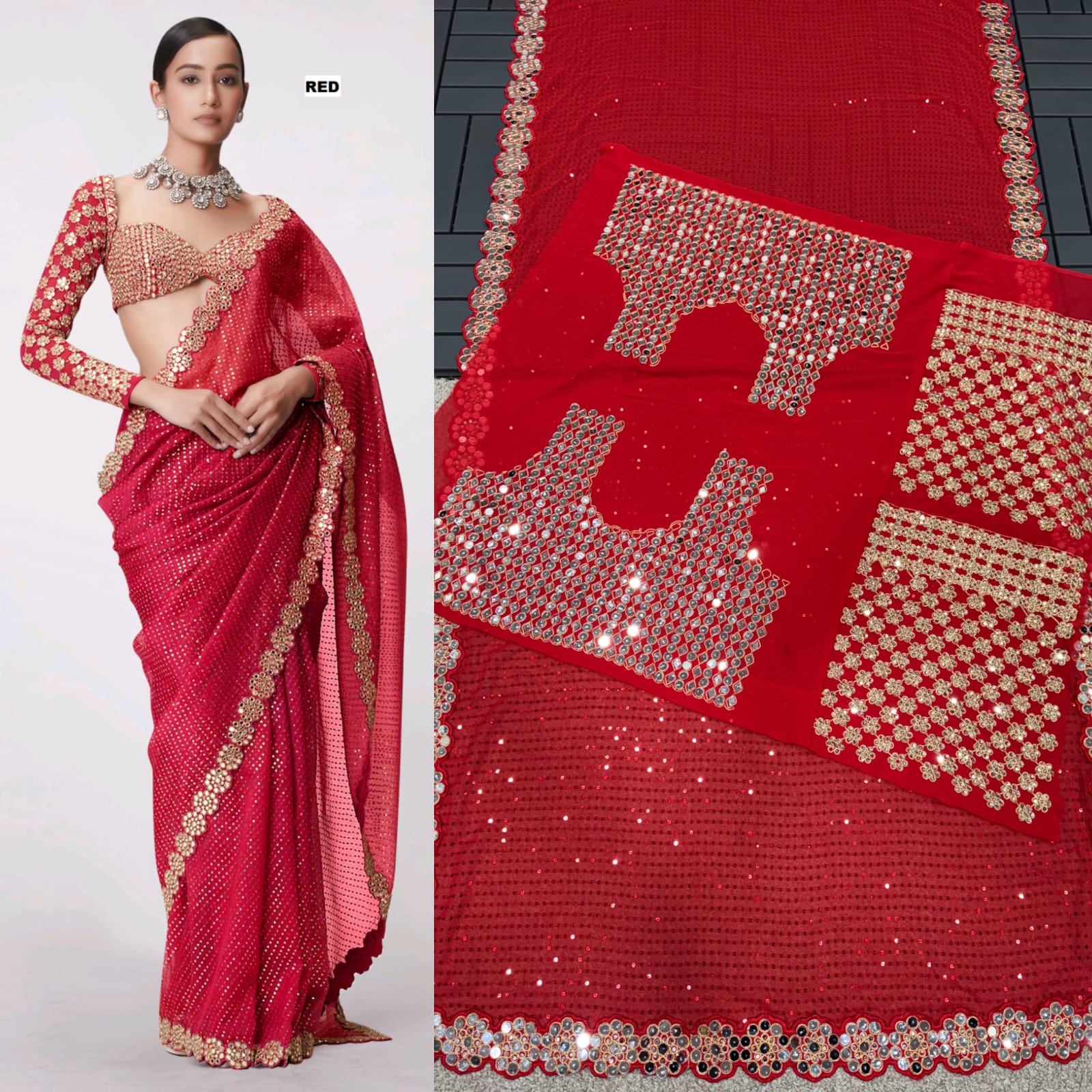 Product Image - Designer Georgette Saree with Mirror Work - Wedding & Festive Wear