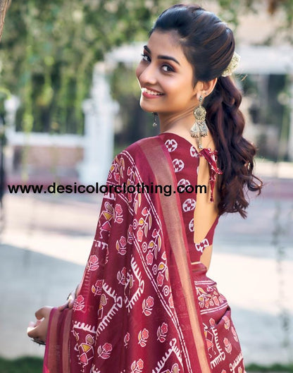 Wine Silk Printed Saree