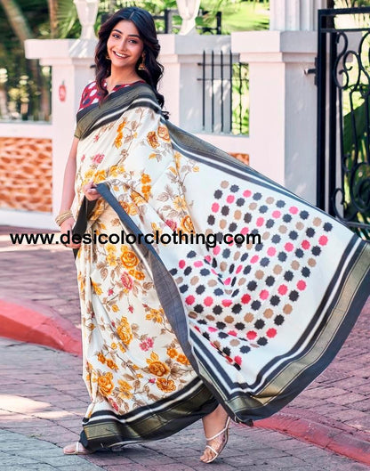 Cream Silk Printed Saree