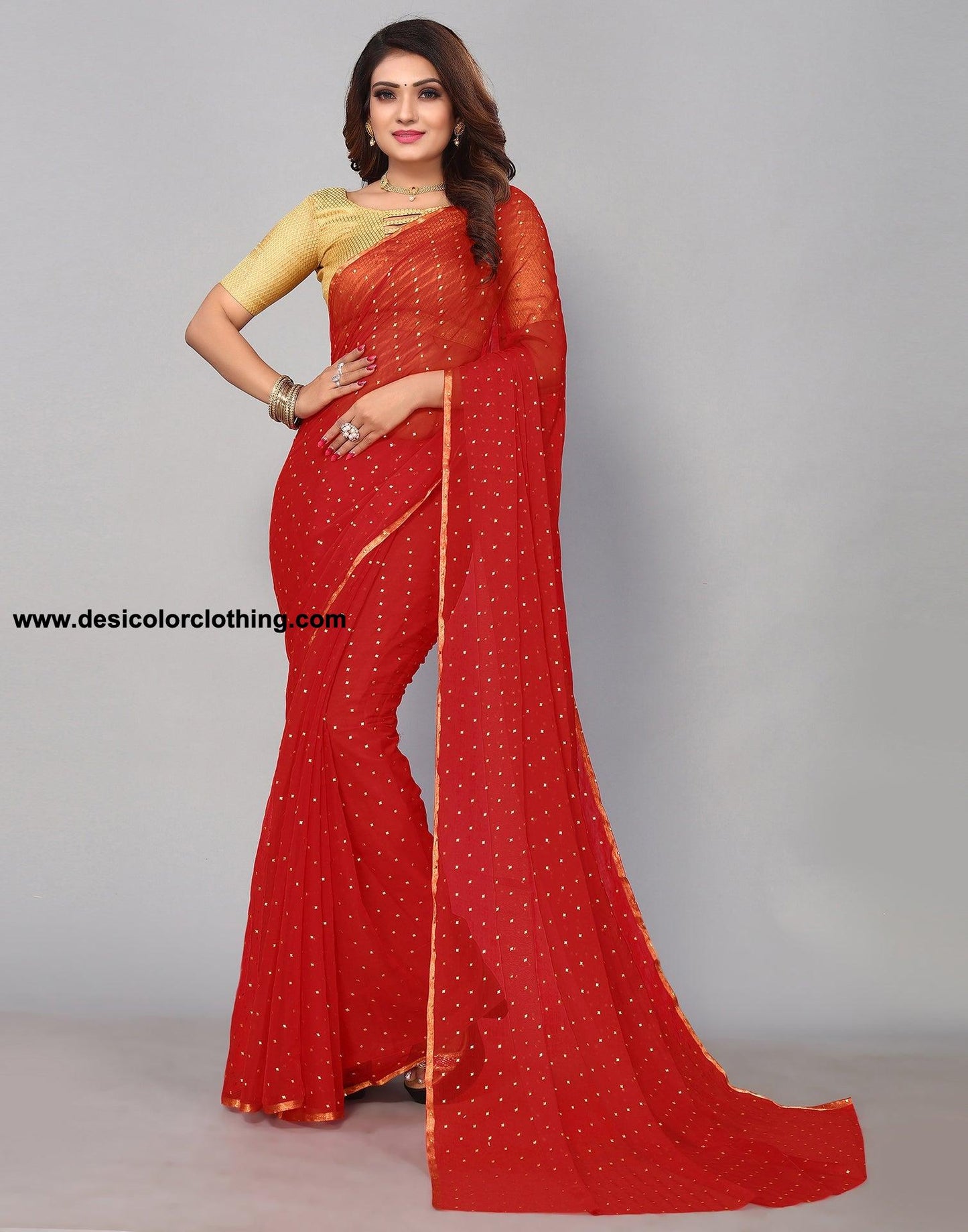 Red Chiffon Plain Saree