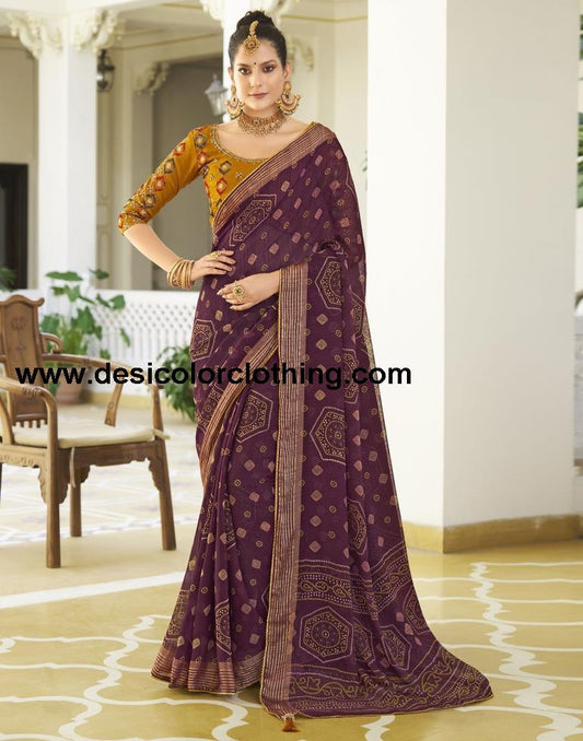 Wine Chiffon Bandhani Saree