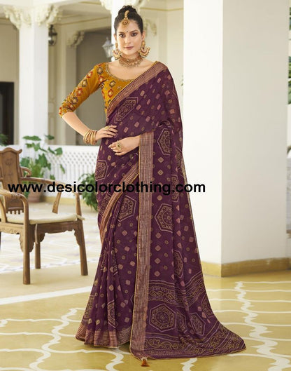 Wine Chiffon Bandhani Saree