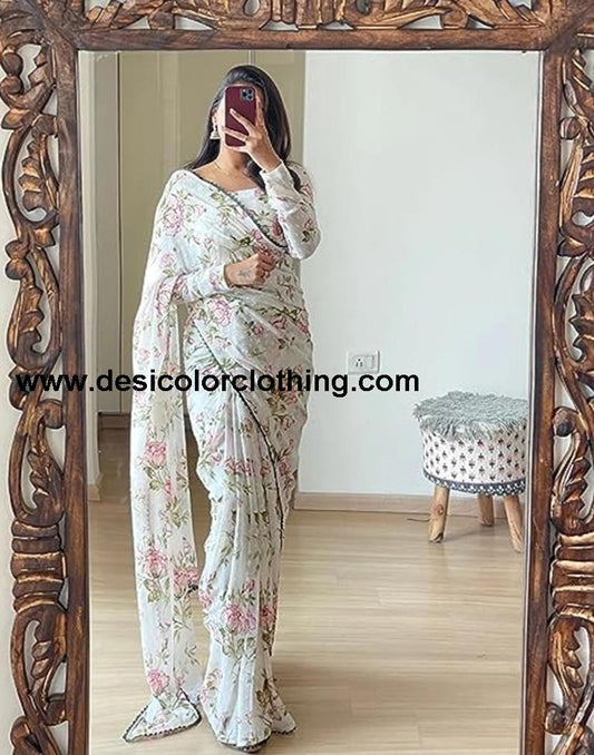 Cream Printed Chiffon Saree