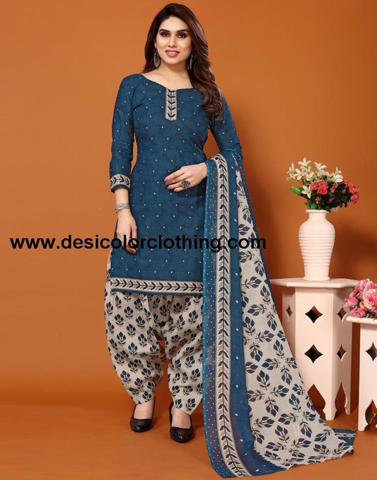 Blue Printed Cotton Unstitched Salwar Suit Material