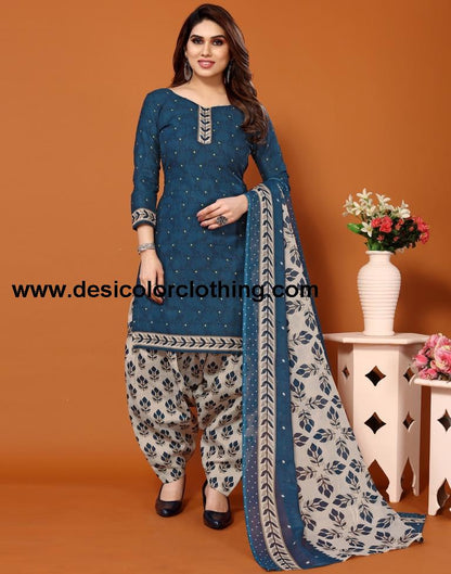 Blue Printed Cotton Unstitched Salwar Suit Material
