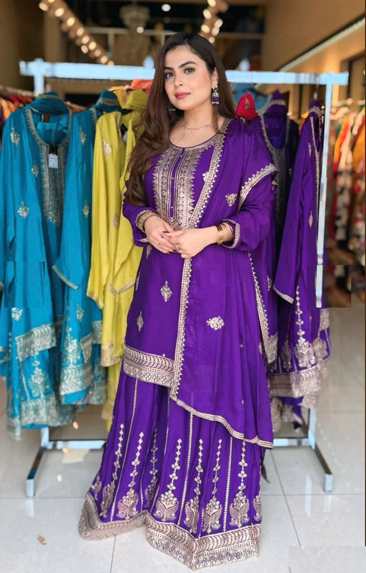 Product Image - Designer Pure Cinon Top-Sarara-Dupatta Set - Fully Stitched Ethnic Wear