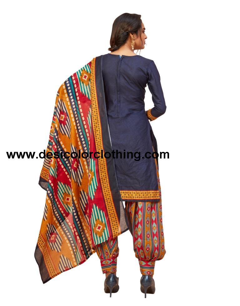 Vintage Navy Blue Cotton Printed Unstitched Salwar Suit