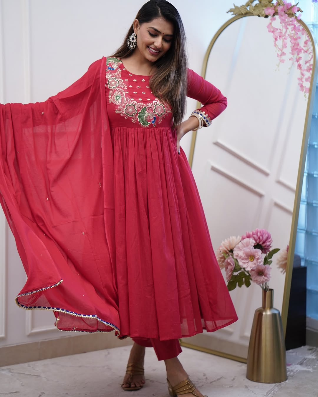 Product Image - Designer Cotton Anarkali Suit Set with Embroidered Dupatta - Festive & Wedding Wear