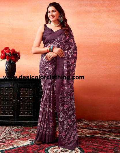 Dark Purple Silk Printed Sarees