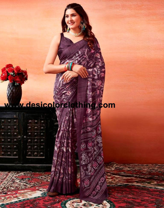 Dark Purple Silk Printed Sarees