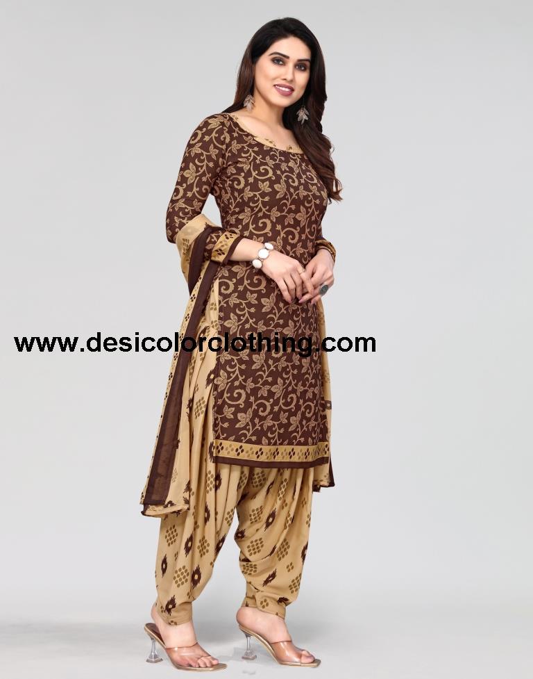 Brown Printed Unstitched Salwar Suit Material