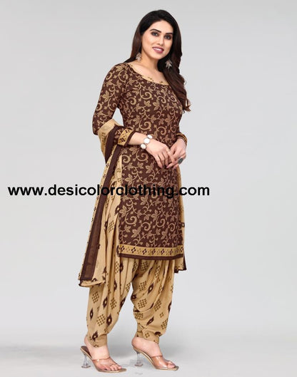 Brown Printed Unstitched Salwar Suit Material