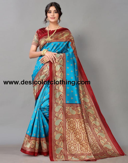Peacock Blue Printed Silk Saree