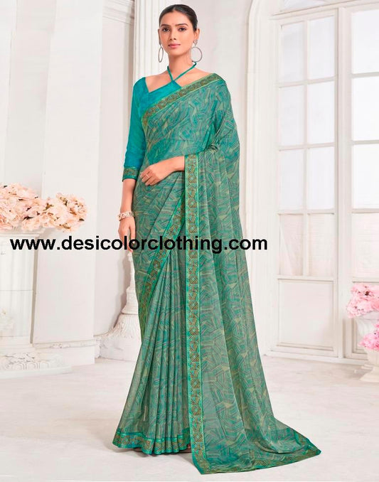 Dusty Green Chiffon Printed Saree