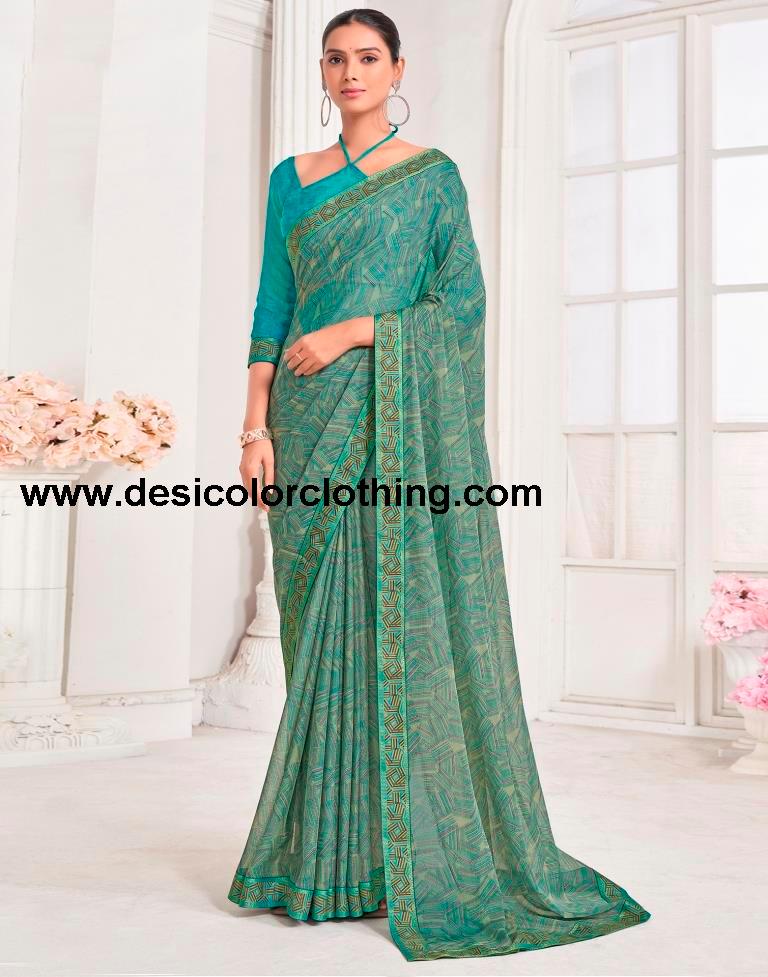 Dusty Green Chiffon Printed Saree