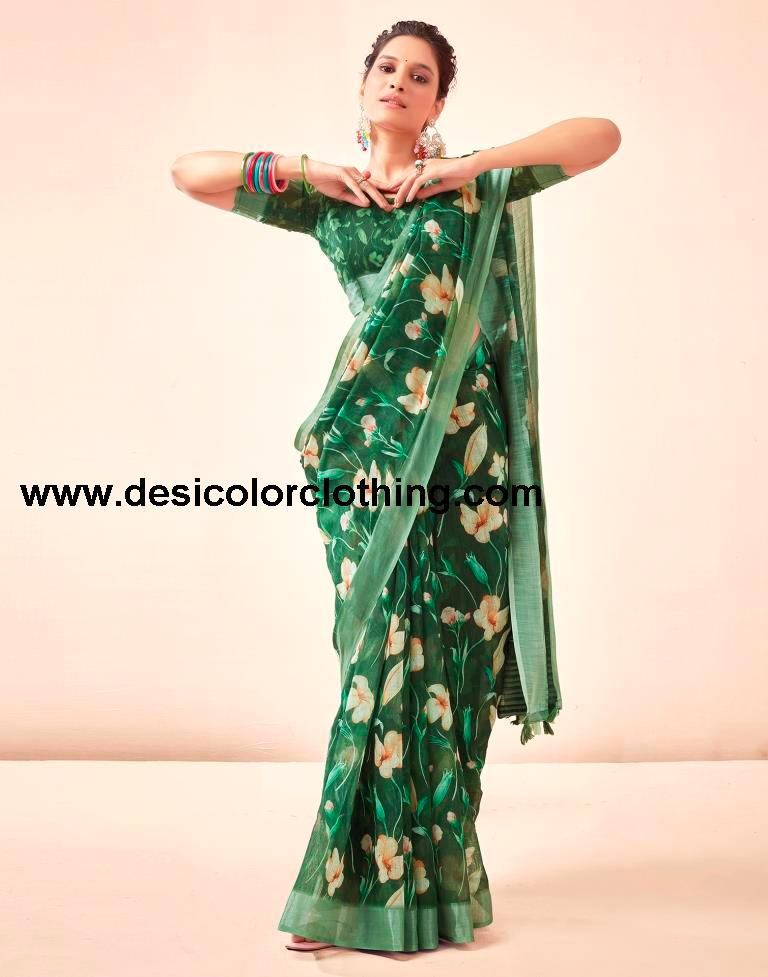 Dark Green Linen Printed Sarees