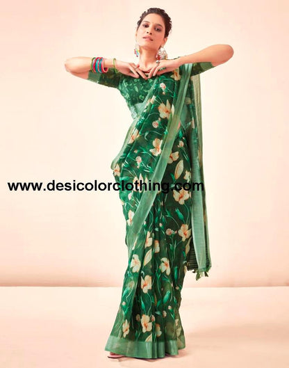 Dark Green Linen Printed Sarees