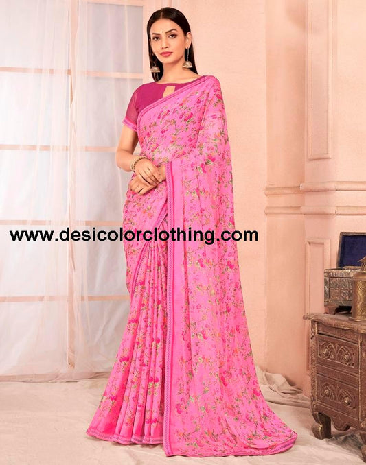 Pink Chiffon Printed Saree