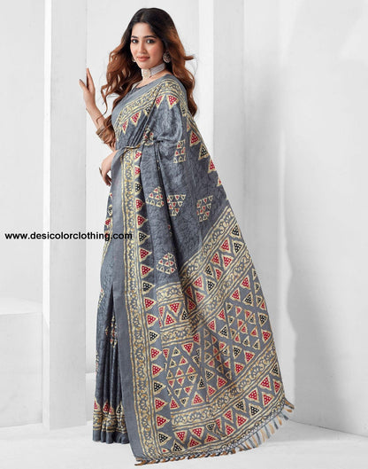 Steel Grey Printed Silk Saree