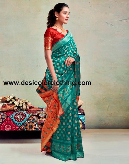Teal Green Silk Woven Saree