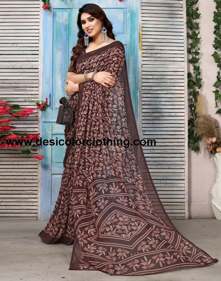 Brown Chiffon Printed Saree