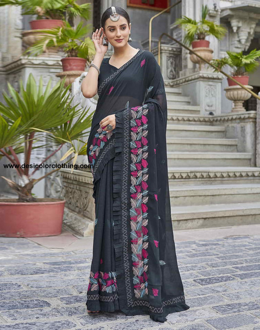 Blue Embroidery Georgette Stone Work Saree