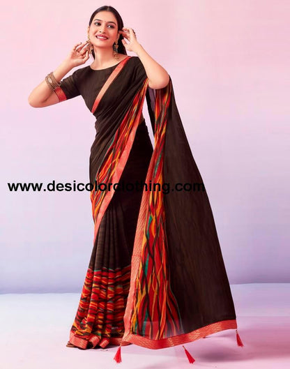 Brown Georgette Printed Saree