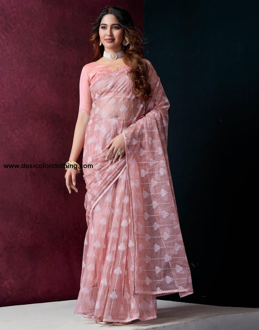 Rose Pink Net Plain Saree