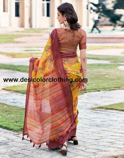 Turmeric Yellow Linen Printed Sarees