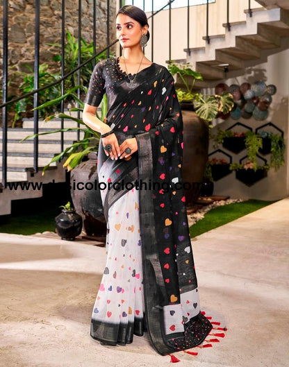 Black Linen Printed  Saree