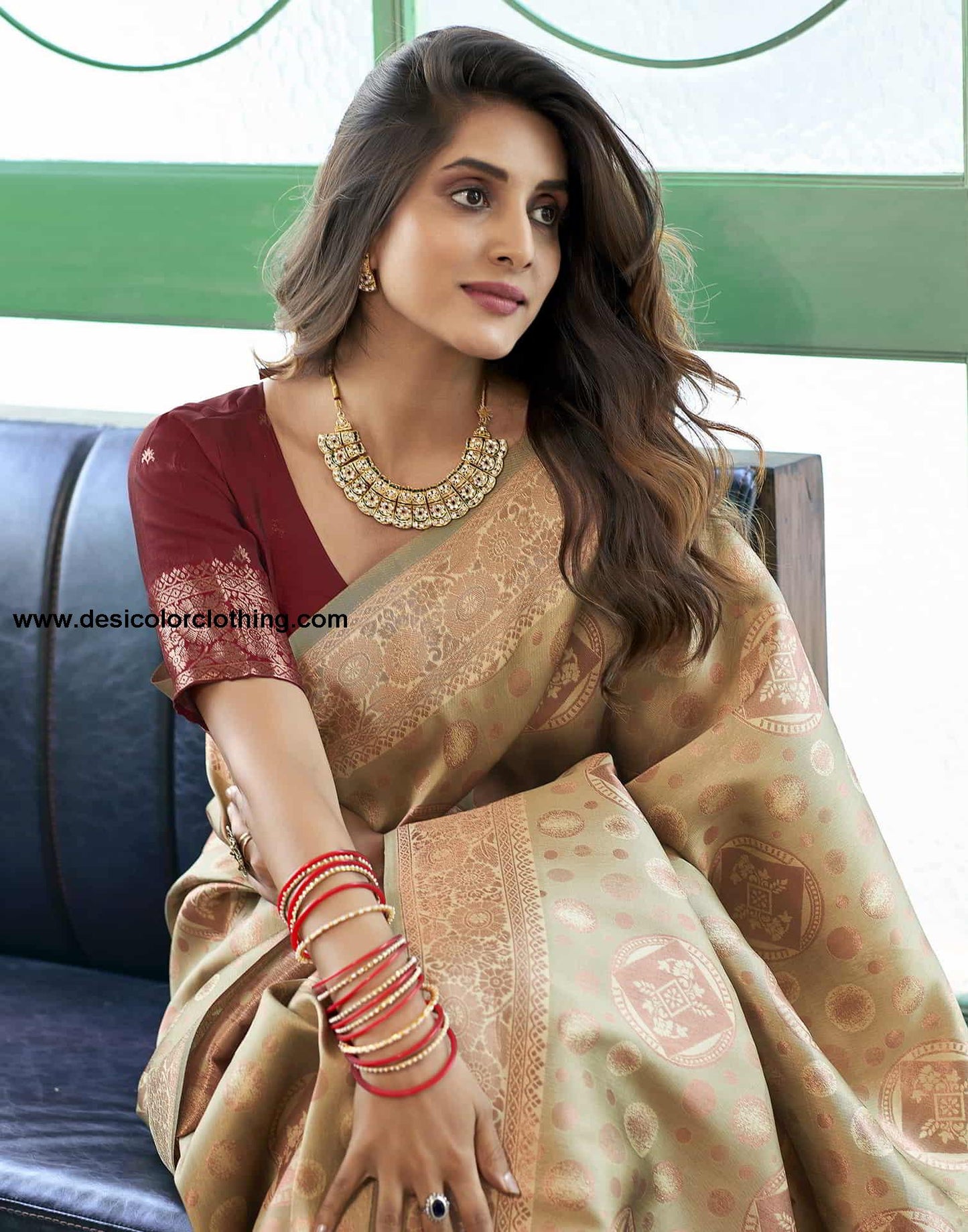 Beige Banarasi Silk Woven Saree
